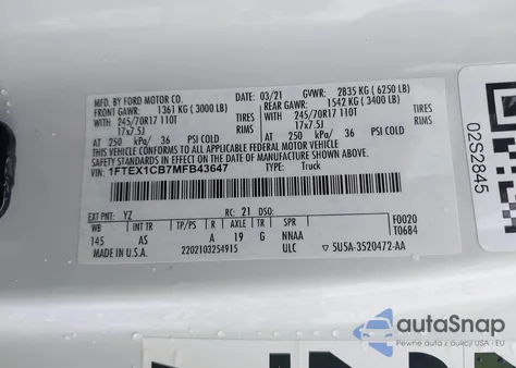 2021 Ford F-150 Xl z USA, uszkodzony, nr VIN 1FTEX1CB7MFB43647